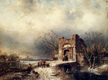 チャールズ・ライカート Painting - 凍った道の村人たちの風景 チャールズ・ライカート